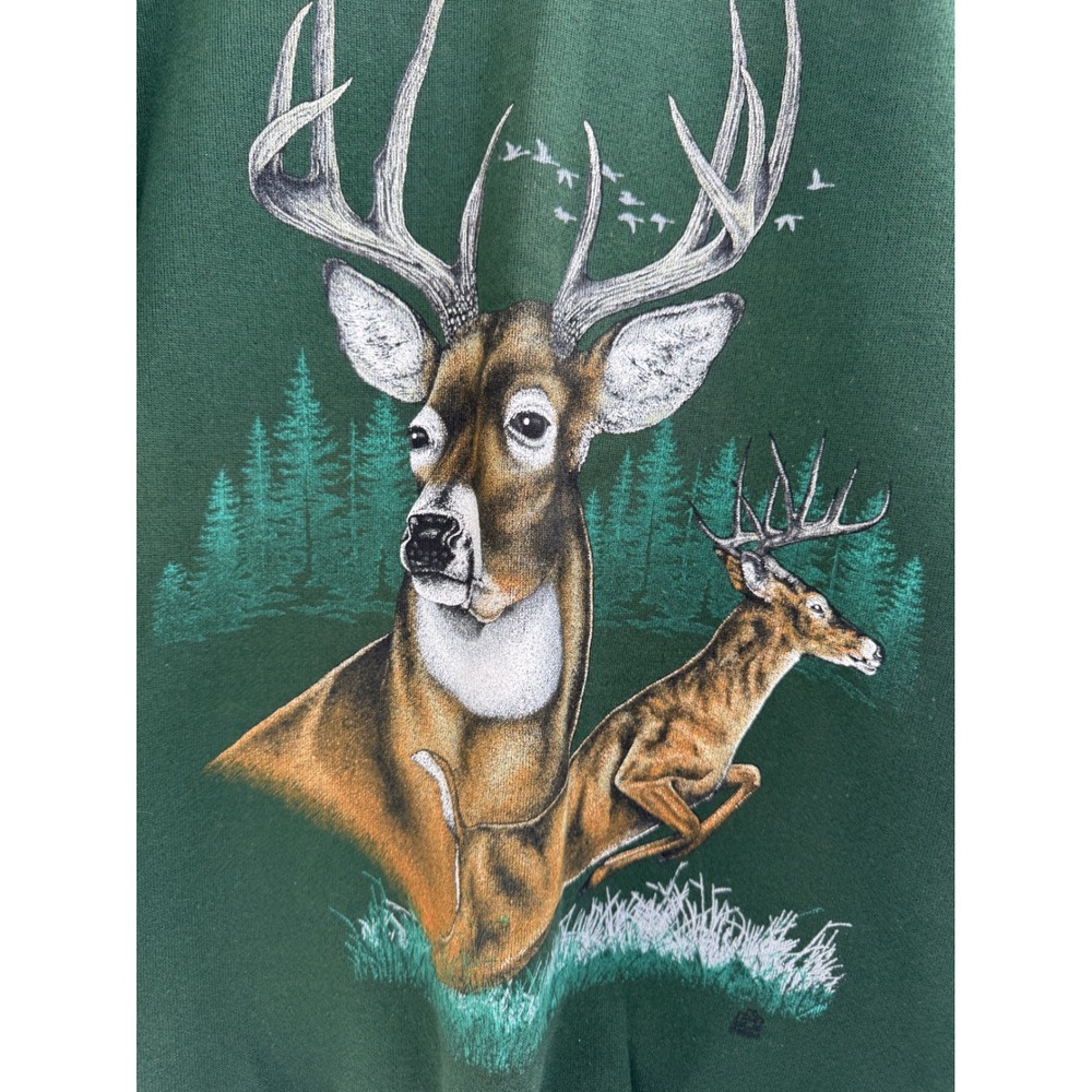 Vintage 90s Tultex Deer Graphic Crewneck Sweatshirt Large USA Green Buck Nature - Picture 2 of 8